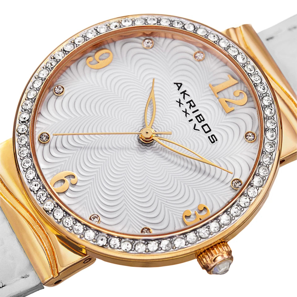 Akribos XXIV Yellow Gold Ion Plated Alloy Case on White Strap, White Dial with Gold Tone Hands