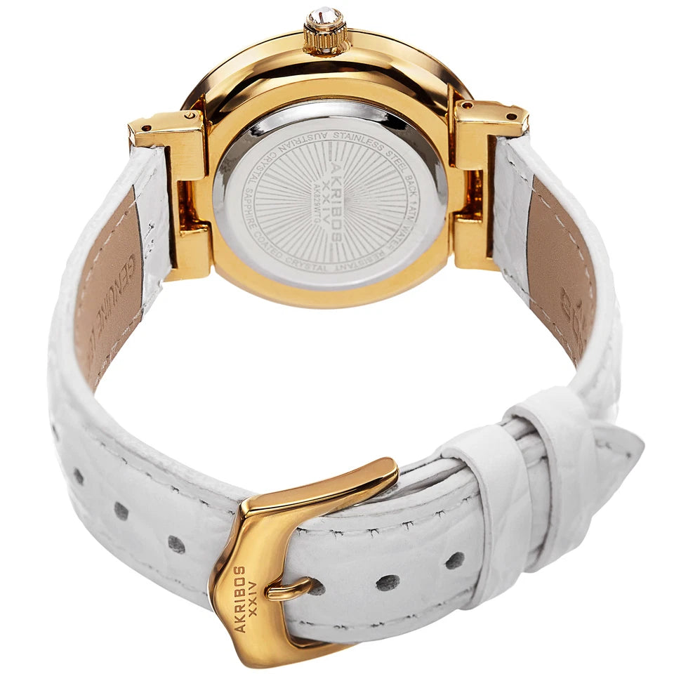Akribos XXIV Yellow Gold Ion Plated Alloy Case on White Strap, White Dial with Gold Tone Hands