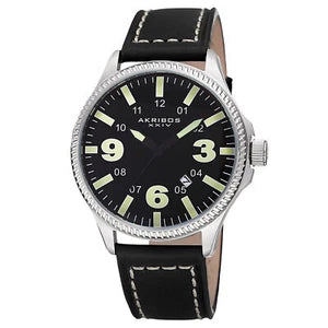 Akribos XXIV Silver Tone Case on Black Strap, Black  Dial with Black with Luminous Fill Hands