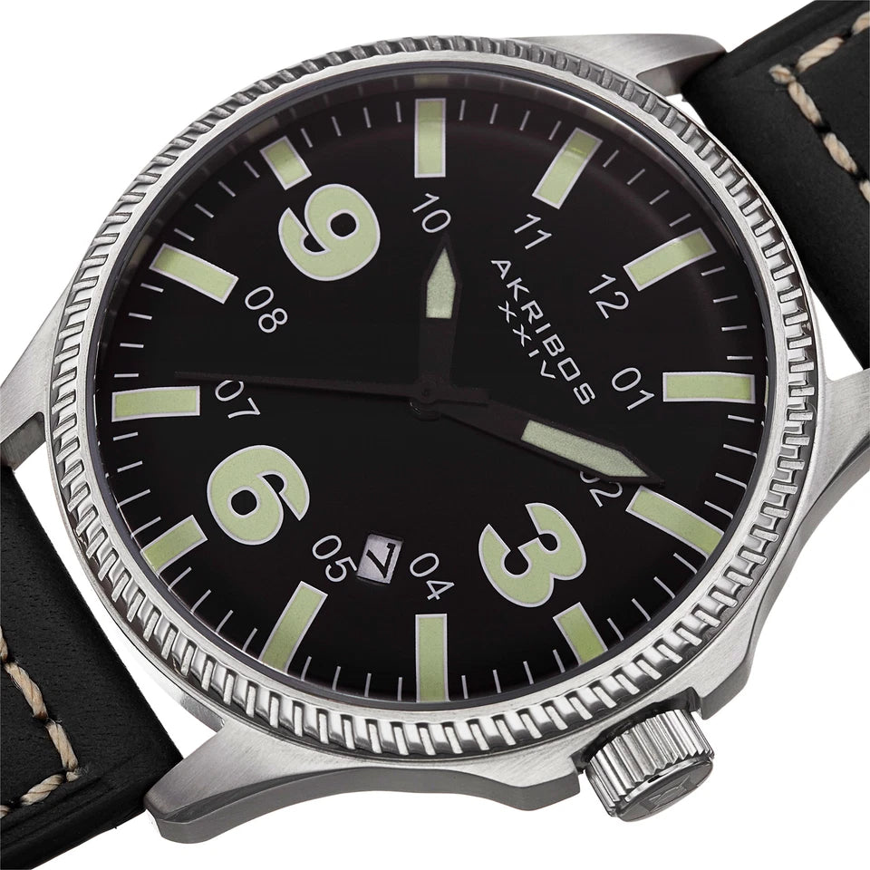 Akribos XXIV Silver Tone Case on Black Strap, Black  Dial with Black with Luminous Fill Hands