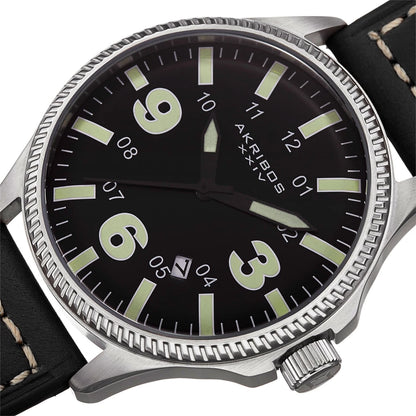 Akribos XXIV Silver Tone Case on Black Strap, Black  Dial with Black with Luminous Fill Hands