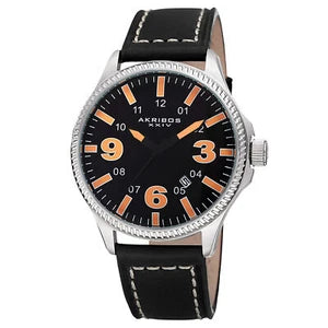 Akribos XXIV Silver Tone Case on Black Strap, Black  Dial with Black and Orange Hands