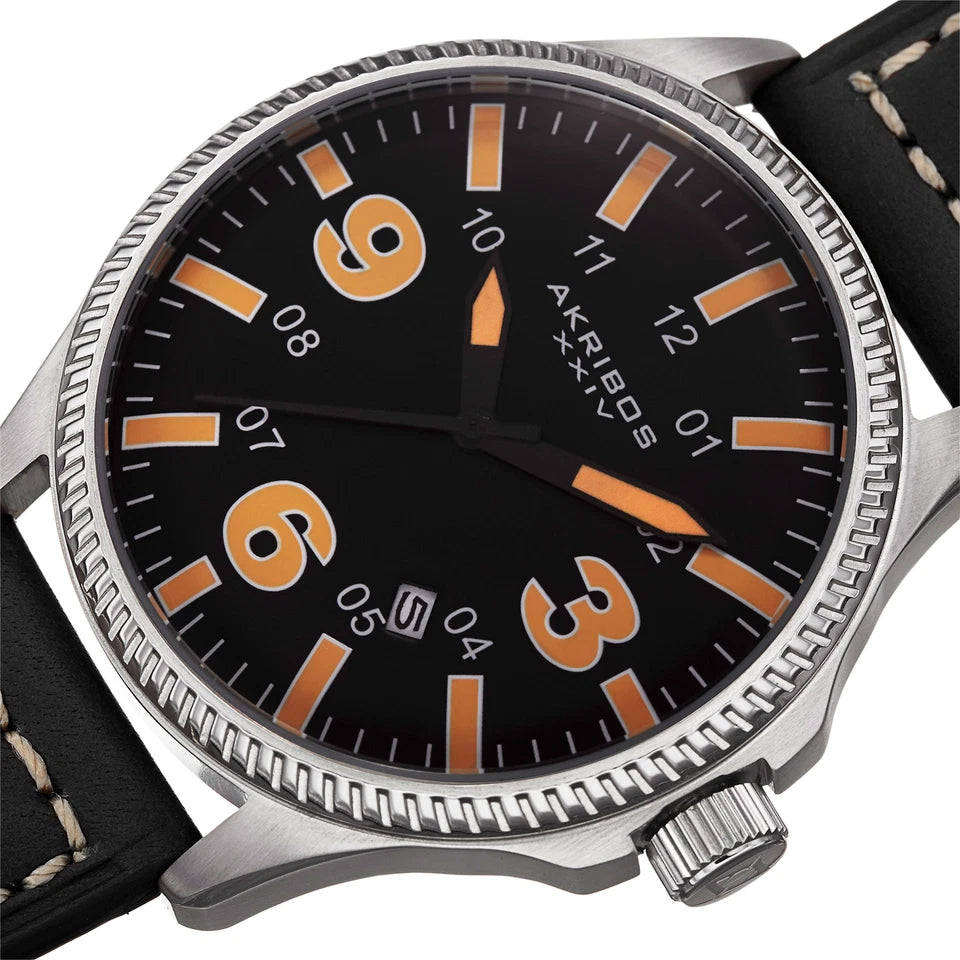 Akribos XXIV Silver Tone Case on Black Strap, Black  Dial with Black and Orange Hands