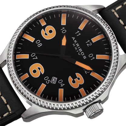 Akribos XXIV Silver Tone Case on Black Strap, Black  Dial with Black and Orange Hands