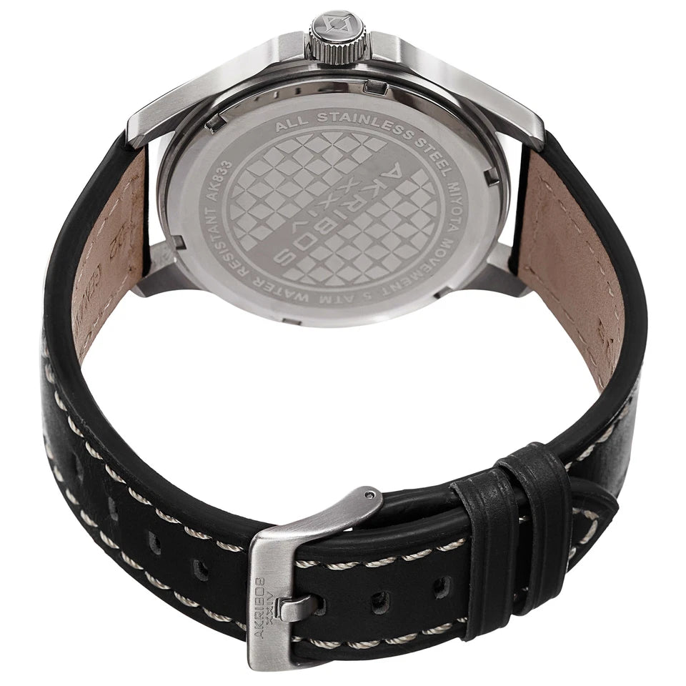 Akribos XXIV Silver Tone Case on Black Strap, Black  Dial with Black and Orange Hands