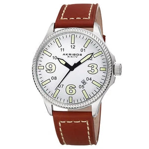 Akribos XXIV Silver Tone Case on Cognac Strap, Silver Dial with Black with Luminous Fill Hands