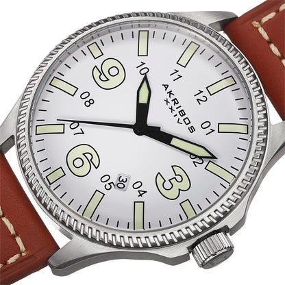 Akribos XXIV Silver Tone Case on Cognac Strap, Silver Dial with Black with Luminous Fill Hands
