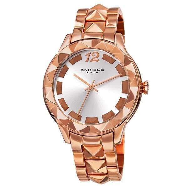 Akribos XXIV Rose Gold Tone Stainless Steel Case on Rose Gold Bracelet, Silver Dial with Rose Gold Tone Hands