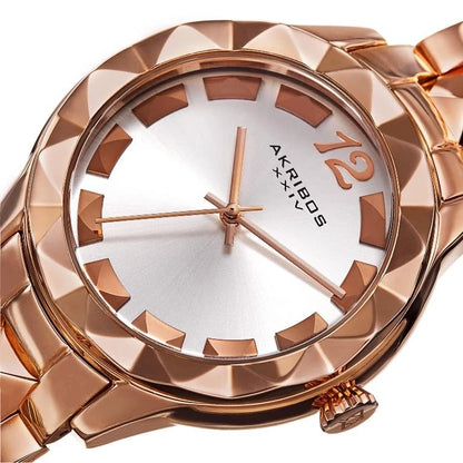 Akribos XXIV Rose Gold Tone Stainless Steel Case on Rose Gold Bracelet, Silver Dial with Rose Gold Tone Hands