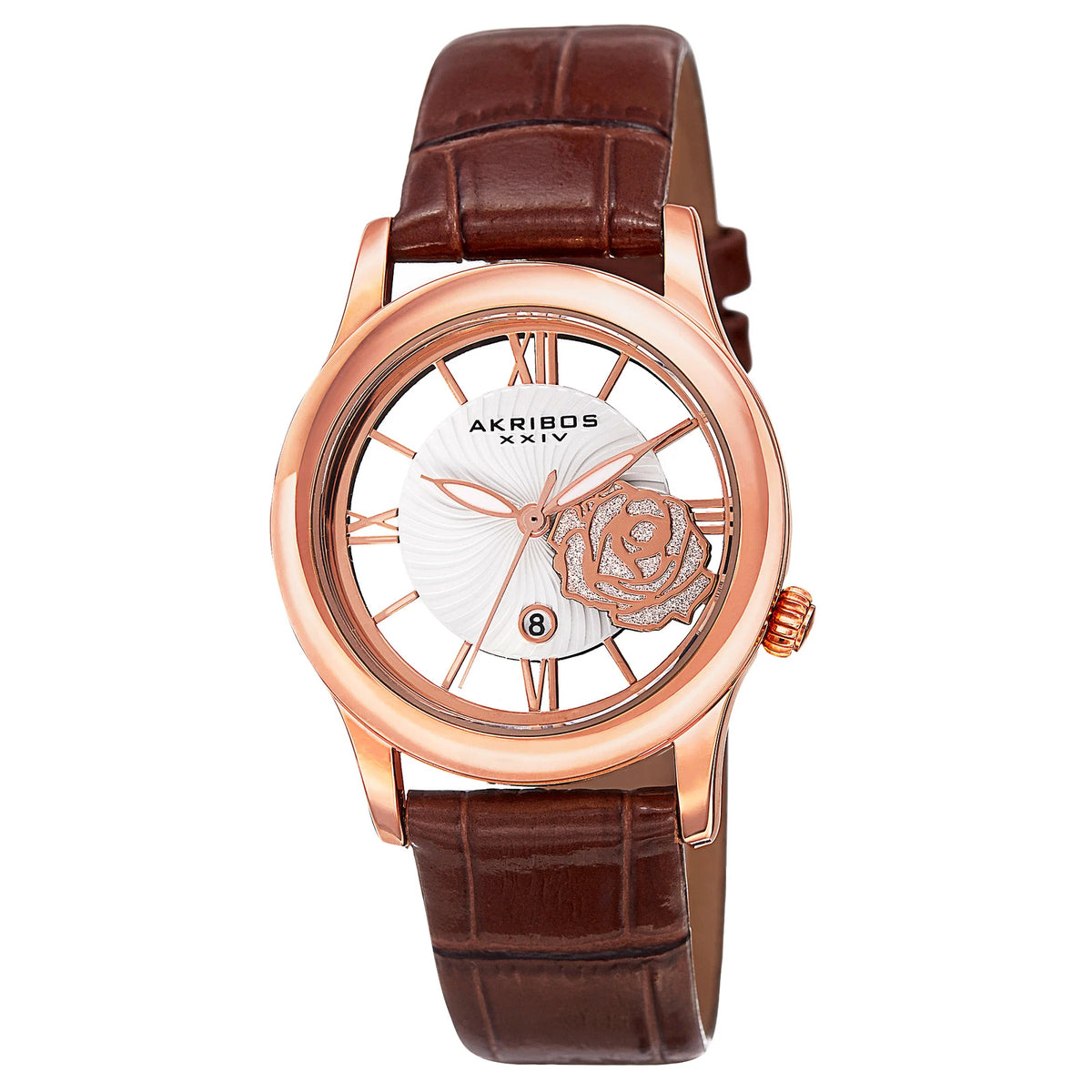 Akribos XXIV Rose Gold Tone Base Metal Case on Brown Strap, See Thru, Silver and Rose Gold Dial with Rose Gold Tone Hands