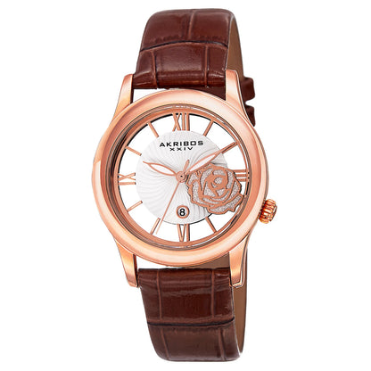 Akribos XXIV Rose Gold Tone Base Metal Case on Brown Strap, See Thru, Silver and Rose Gold Dial with Rose Gold Tone Hands