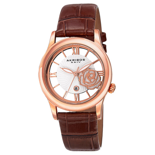 Akribos XXIV Rose Gold Tone Base Metal Case on Brown Strap, See Thru, Silver and Rose Gold Dial with Rose Gold Tone Hands