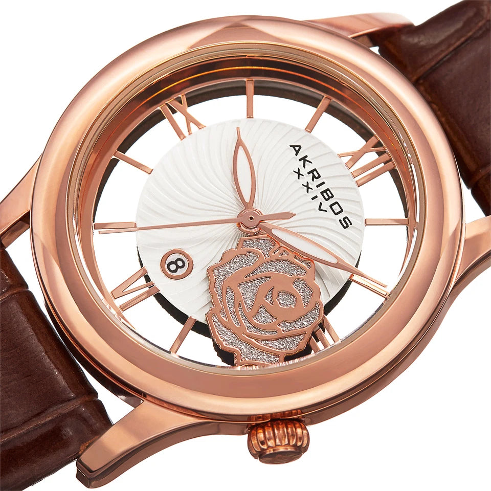 Akribos XXIV Rose Gold Tone Base Metal Case on Brown Strap, See Thru, Silver and Rose Gold Dial with Rose Gold Tone Hands