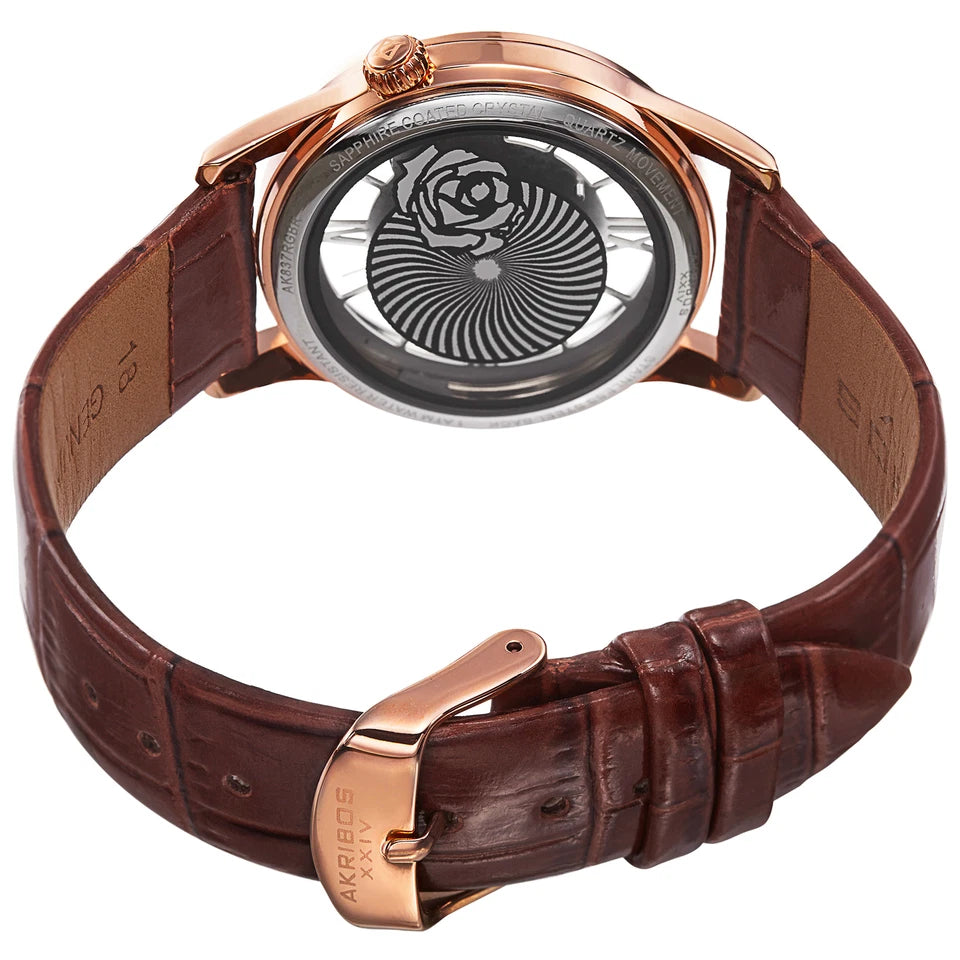Akribos XXIV Rose Gold Tone Base Metal Case on Brown Strap, See Thru, Silver and Rose Gold Dial with Rose Gold Tone Hands