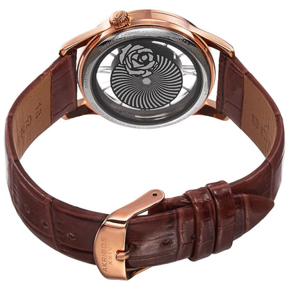 Akribos XXIV Rose Gold Tone Base Metal Case on Brown Strap, See Thru, Silver and Rose Gold Dial with Rose Gold Tone Hands