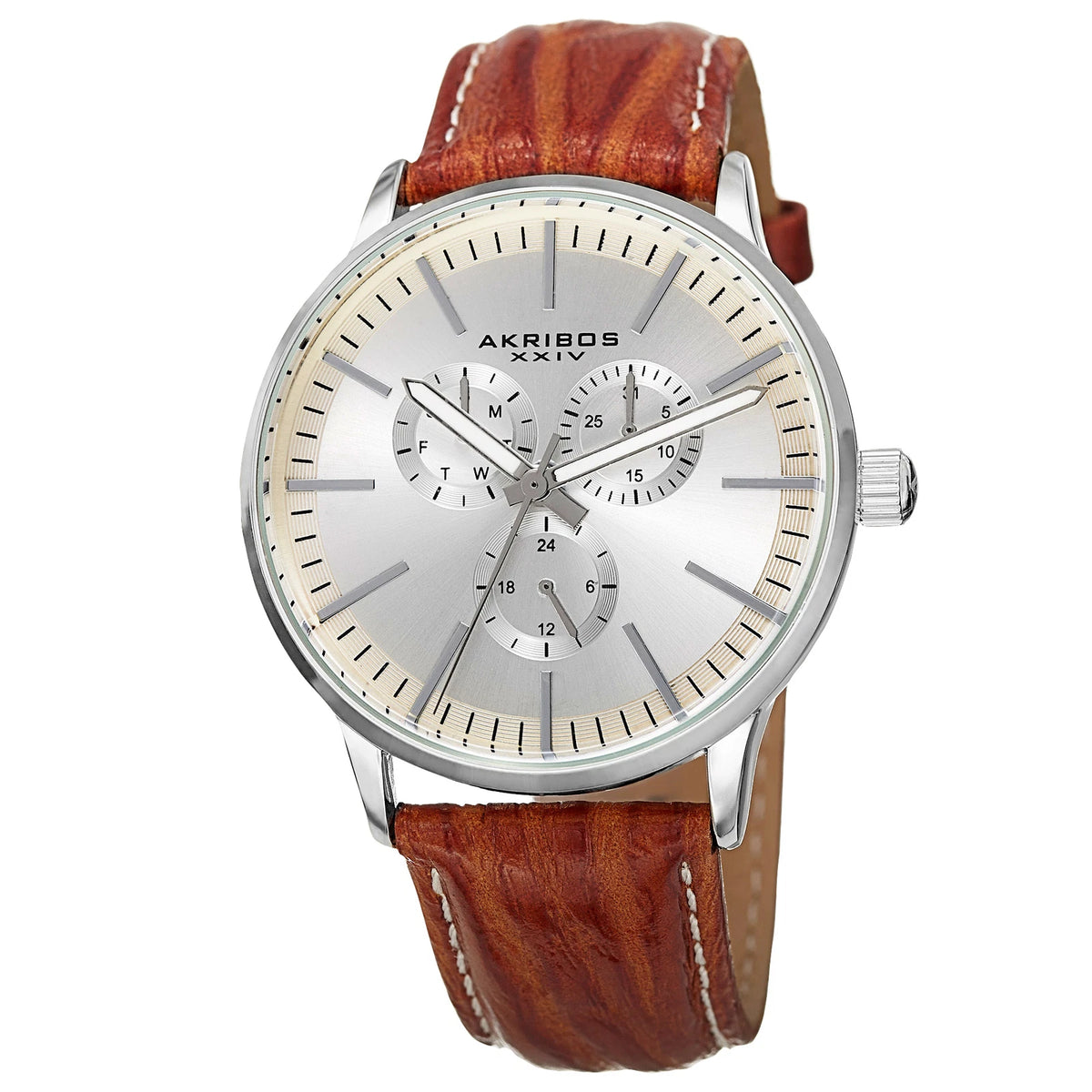 Akribos XXIV Silver Tone Alloy Case on Cognac with White Stitching Strap, Silver Dial with Silver Tone Hands
