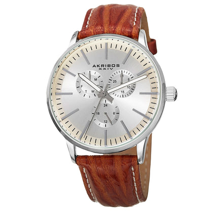 Akribos XXIV Silver Tone Alloy Case on Cognac with White Stitching Strap, Silver Dial with Silver Tone Hands