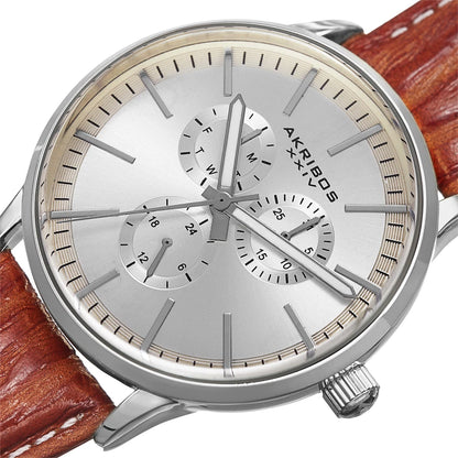 Akribos XXIV Silver Tone Alloy Case on Cognac with White Stitching Strap, Silver Dial with Silver Tone Hands