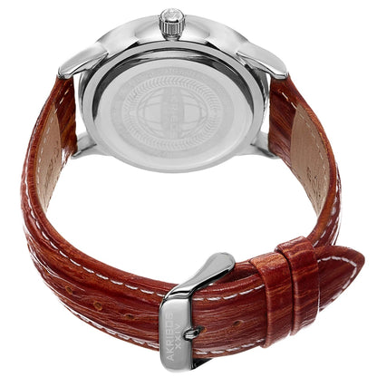 Akribos XXIV Silver Tone Alloy Case on Cognac with White Stitching Strap, Silver Dial with Silver Tone Hands