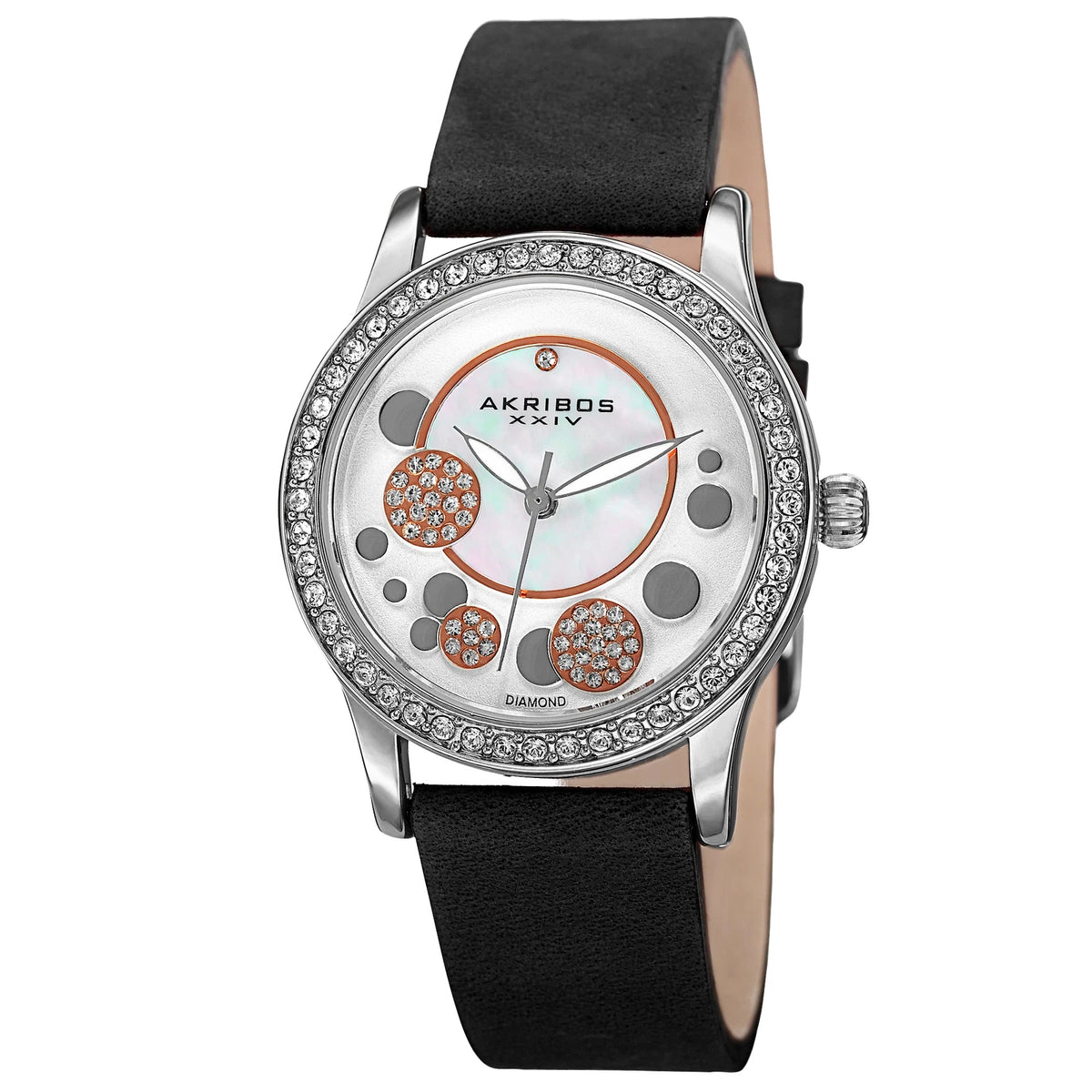 Akribos XXIV Silver case, Silver dial, Black (Nero) crazy horse leather strap, Swarovski crystals, 1 genuine diamond, Rose-tone bubbles on dial