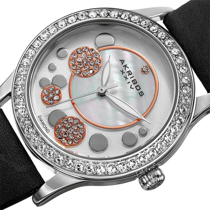 Akribos XXIV Silver case, Silver dial, Black (Nero) crazy horse leather strap, Swarovski crystals, 1 genuine diamond, Rose-tone bubbles on dial