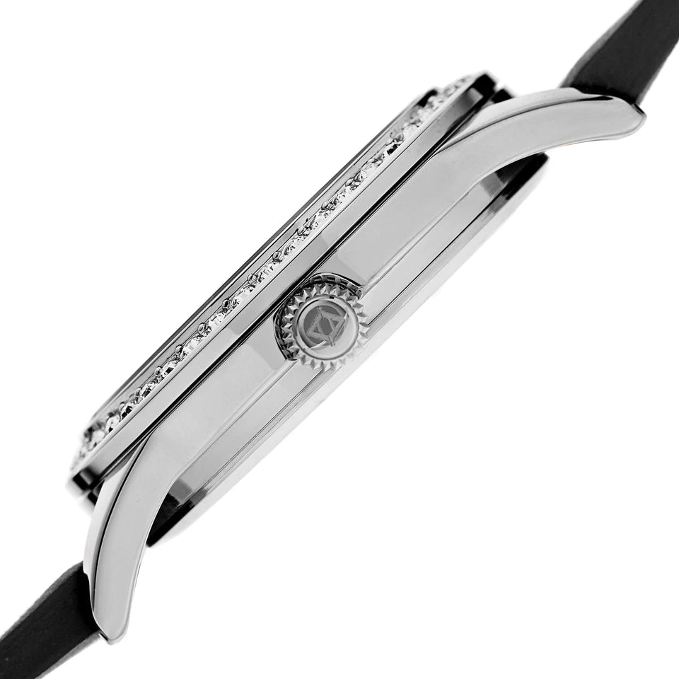 Akribos XXIV Silver case, Silver dial, Black (Nero) crazy horse leather strap, Swarovski crystals, 1 genuine diamond, Rose-tone bubbles on dial
