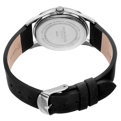 Akribos XXIV Silver case, Silver dial, Black (Nero) crazy horse leather strap, Swarovski crystals, 1 genuine diamond, Rose-tone bubbles on dial