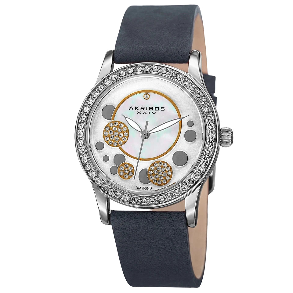 Akribos XXIV Silver Tone Case on Gray Strap, White Mother of Pearl and Silver Dial with Silver Tone Hands