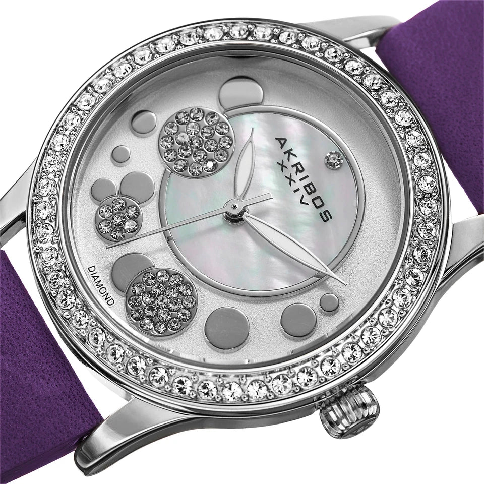 Akribos XXIV Silver case, Silver dial, Purple (Violet) crazy horse leather strap, Swarovski crystals, 1 genuine diamond, Silver-tone bubbles on dial