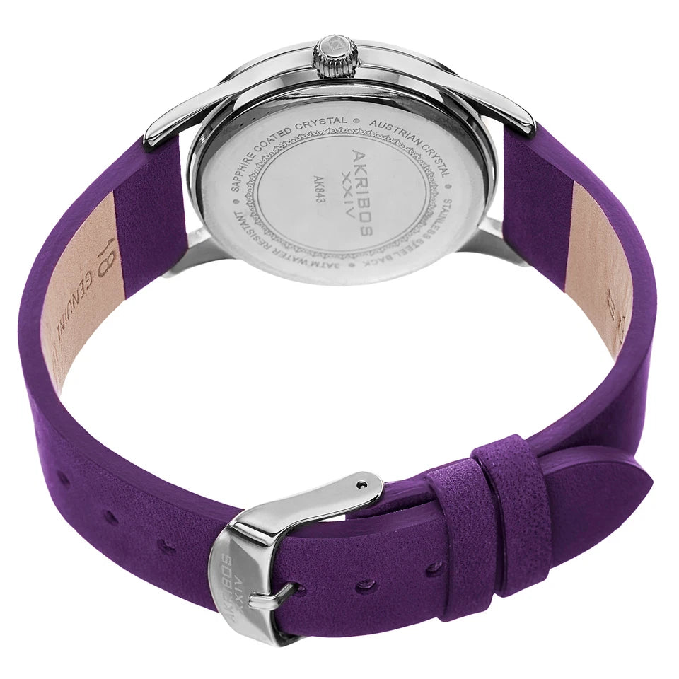 Akribos XXIV Silver case, Silver dial, Purple (Violet) crazy horse leather strap, Swarovski crystals, 1 genuine diamond, Silver-tone bubbles on dial