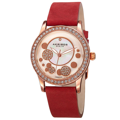 Akribos XXIV Rose-tone case, Silver dial, Red (Flame) crazy horse leather strap, Swarovski crystals, 1 genuine diamond, Rose-tone bubbles on dial