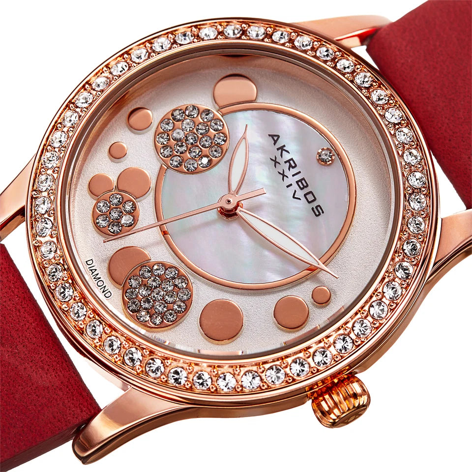 Akribos XXIV Rose-tone case, Silver dial, Red (Flame) crazy horse leather strap, Swarovski crystals, 1 genuine diamond, Rose-tone bubbles on dial