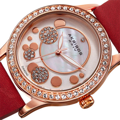 Akribos XXIV Rose-tone case, Silver dial, Red (Flame) crazy horse leather strap, Swarovski crystals, 1 genuine diamond, Rose-tone bubbles on dial