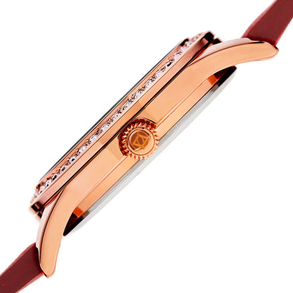 Akribos XXIV Rose-tone case, Silver dial, Red (Flame) crazy horse leather strap, Swarovski crystals, 1 genuine diamond, Rose-tone bubbles on dial