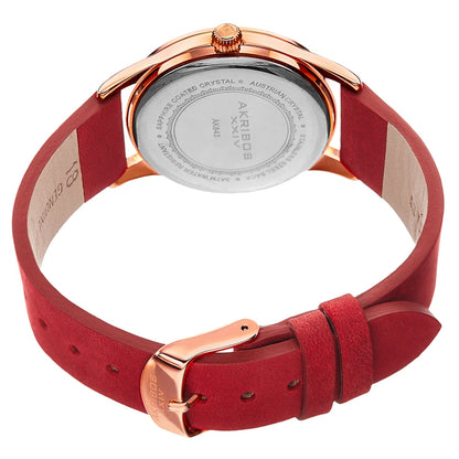 Akribos XXIV Rose-tone case, Silver dial, Red (Flame) crazy horse leather strap, Swarovski crystals, 1 genuine diamond, Rose-tone bubbles on dial