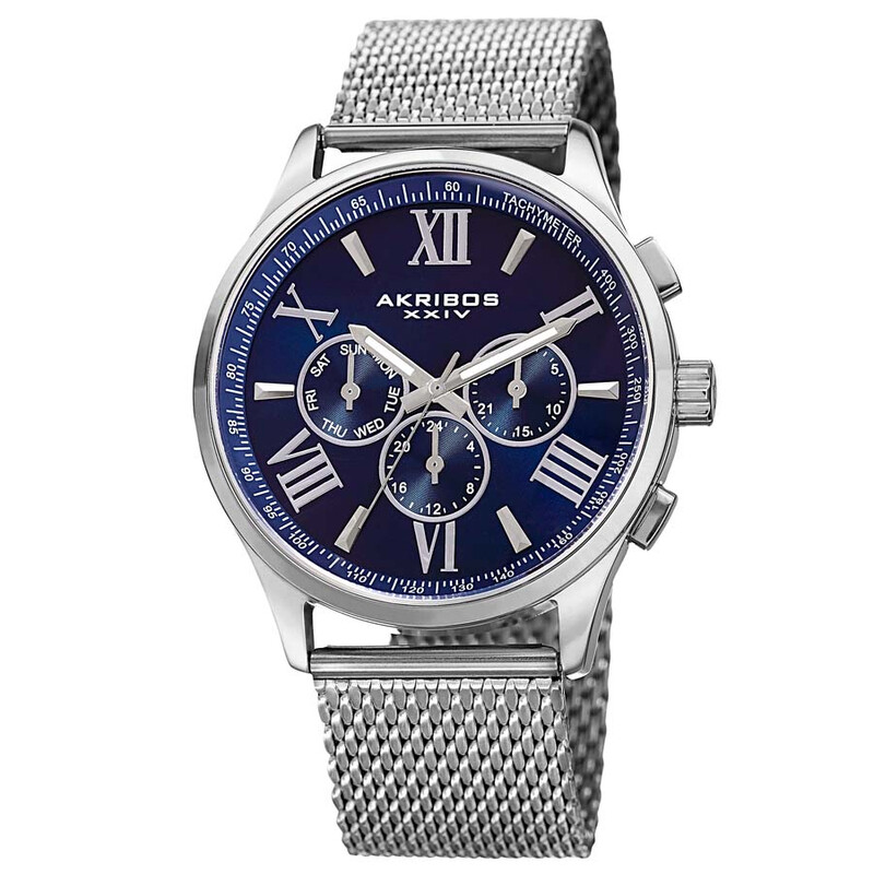 Akribos XXIV Silver Tone Case on Silver Bracelet, Navy Dial with Silver Tone Hands