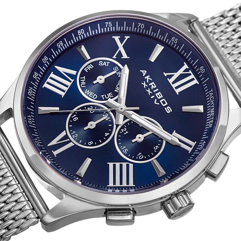Akribos XXIV Silver Tone Case on Silver Bracelet, Navy Dial with Silver Tone Hands