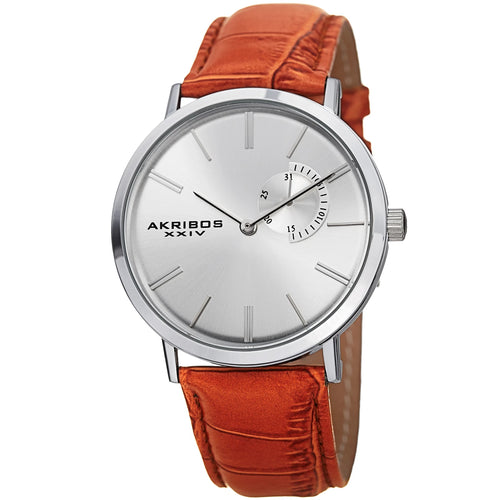 Akribos XXIV Silver Tone Case on Cognac Strap, Silver Dial with Silver Tone Hands