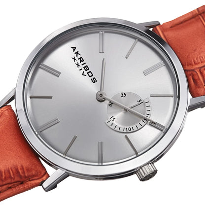Akribos XXIV Silver Tone Case on Cognac Strap, Silver Dial with Silver Tone Hands