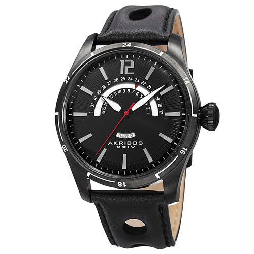 Akribos XXIV Black Case on Black Strap, Black Dial with Silver Tone and Red Hands