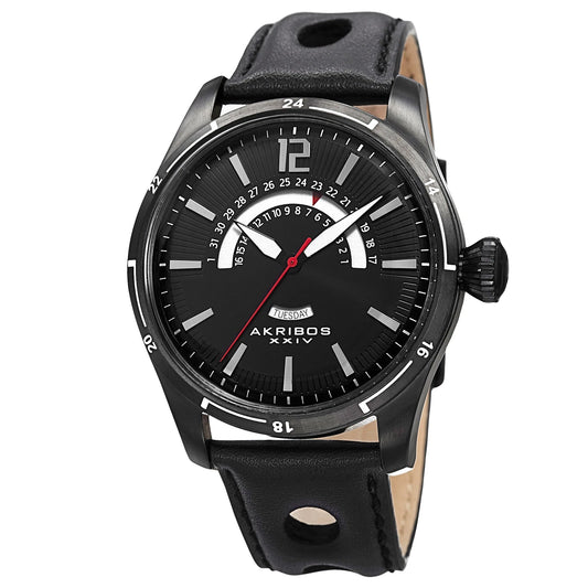 Akribos XXIV Black Case on Black Strap, Black Dial with Silver Tone and Red Hands