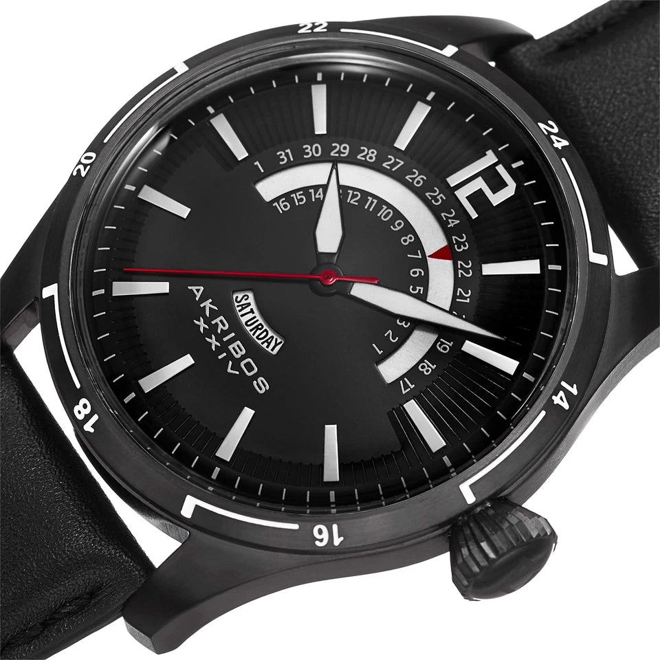 Akribos XXIV Black Case on Black Strap, Black Dial with Silver Tone and Red Hands
