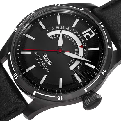Akribos XXIV Black Case on Black Strap, Black Dial with Silver Tone and Red Hands