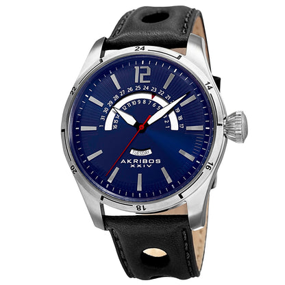 Akribos XXIV Silver Tone Case on Black Strap, Navy Dial with Silver Tone and Red Hands