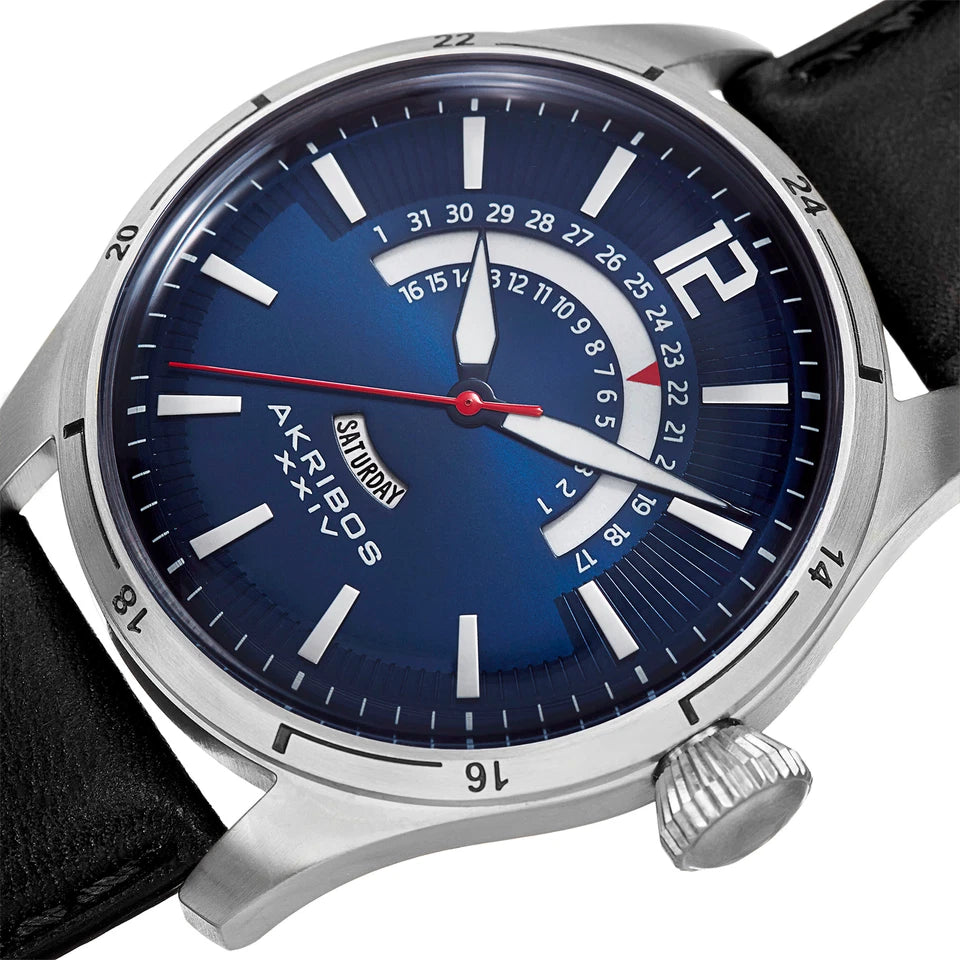 Akribos XXIV Silver Tone Case on Black Strap, Navy Dial with Silver Tone and Red Hands