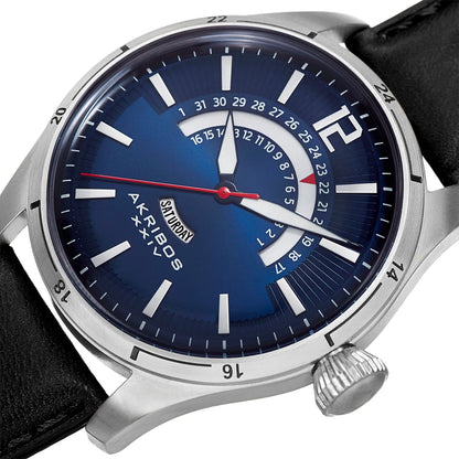 Akribos XXIV Silver Tone Case on Black Strap, Navy Dial with Silver Tone and Red Hands