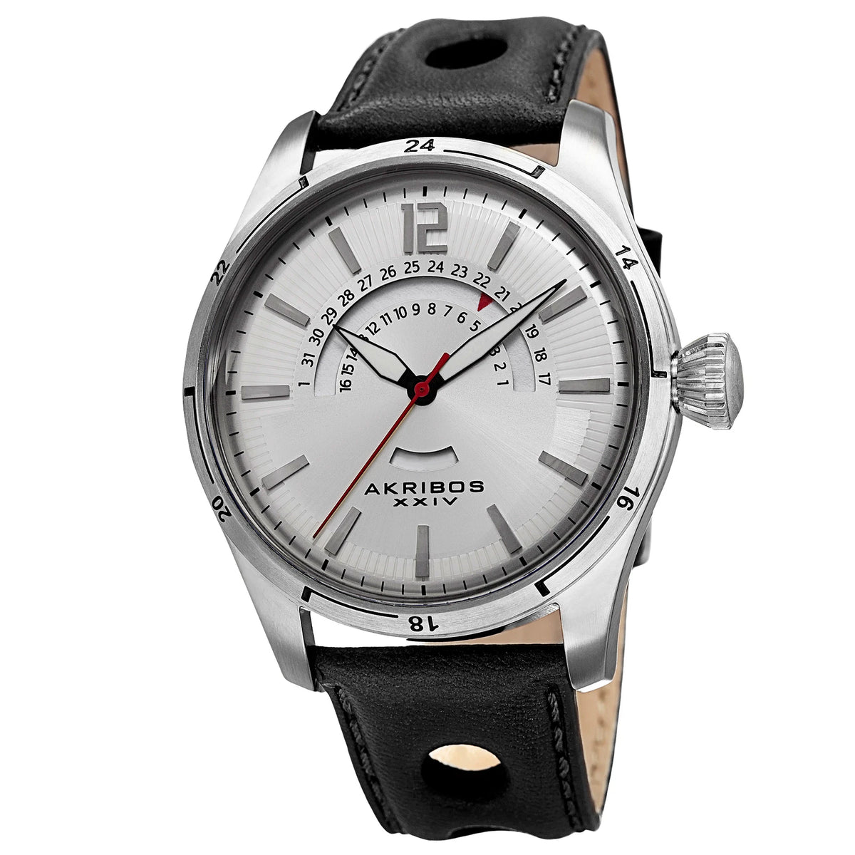 Akribos XXIV Silver Tone Case on Black Strap, Silver Dial with Silver Tone and Red Hands