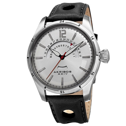 Akribos XXIV Silver Tone Case on Black Strap, Silver Dial with Silver Tone and Red Hands