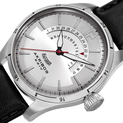 Akribos XXIV Silver Tone Case on Black Strap, Silver Dial with Silver Tone and Red Hands