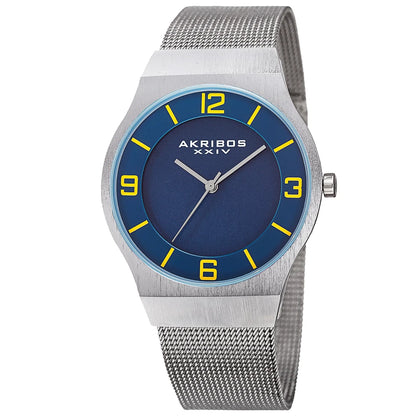 Akribos XXIV Silver Tone Case on Silver Bracelet, Blue Dial with Silver Tone Hands